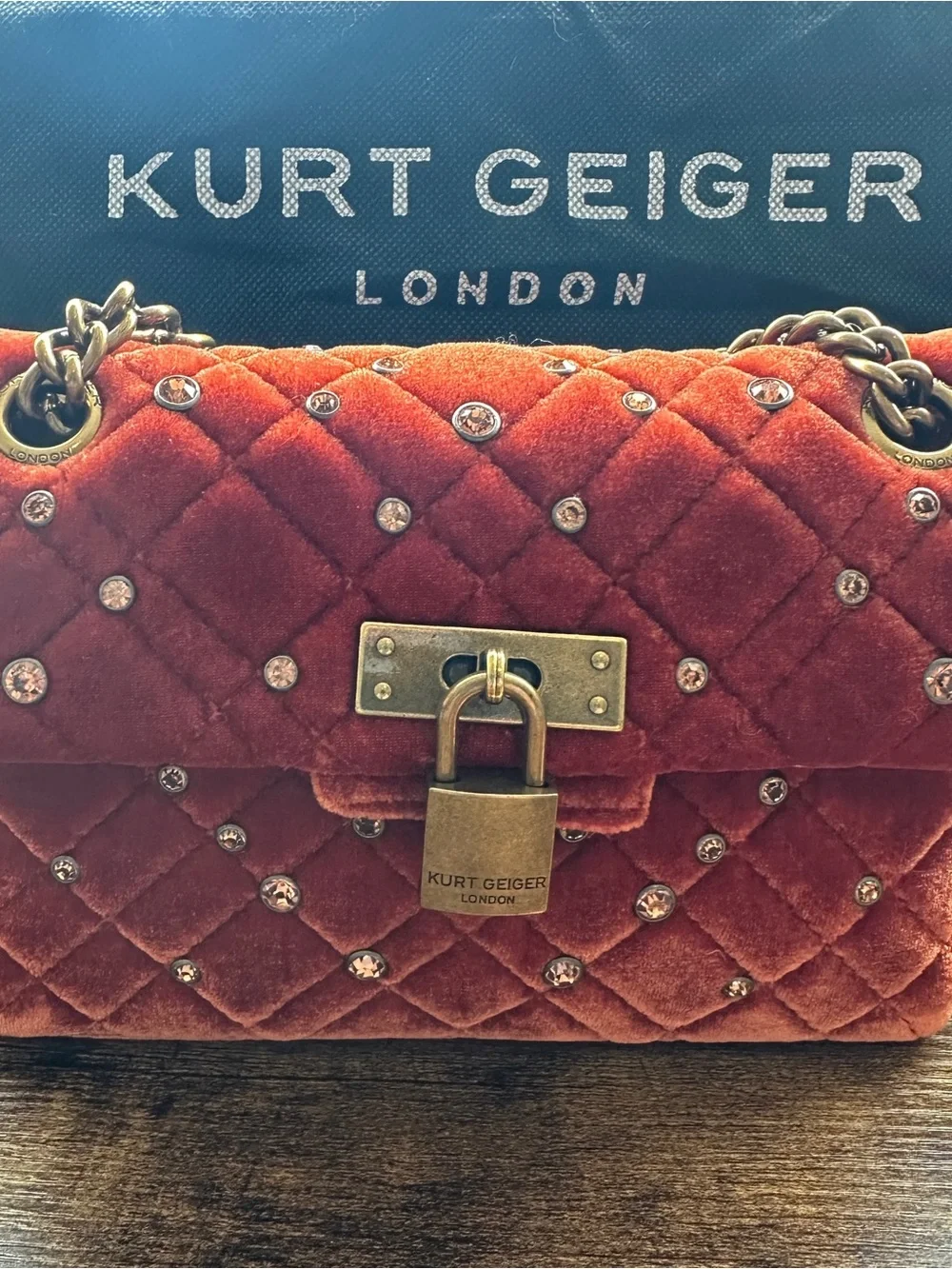 Kurt Geiger‎ Crossbody Bag Orange Velvet Mini Brixton Quilted Studded Luxury
